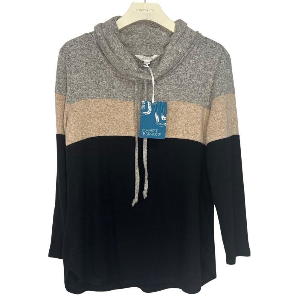 NWT Market & Spruce Brushed Knit Top size PS Cowl Neck Colorblock Cozy Pullover
